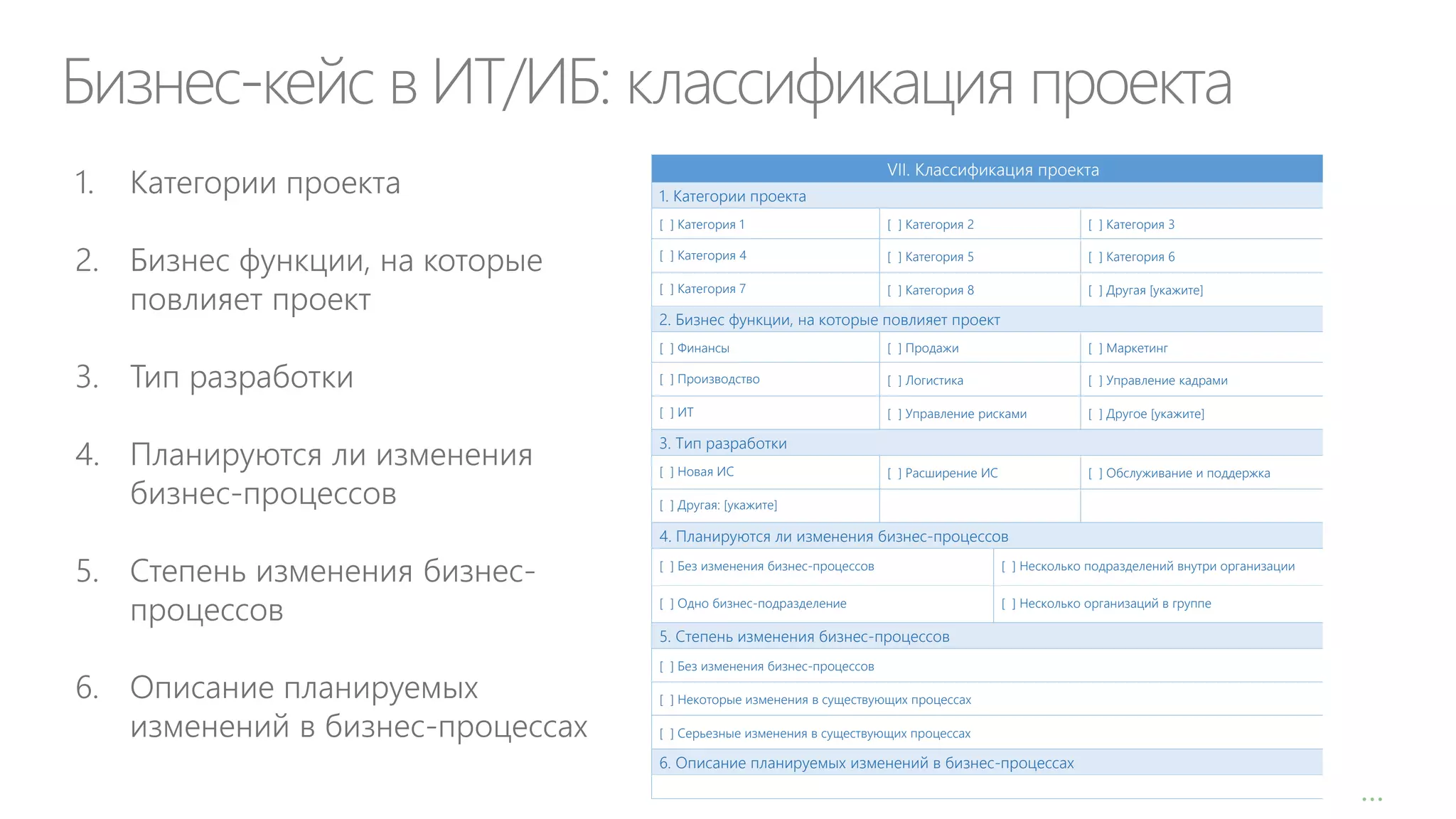 Бизнес-кейс в ИТ/ИБ: классификация проекта
1.

Категории проекта

VII. Классификация проекта
1. Категории проекта
[ ] Категория 1

2. Бизнес функции, на которые
повлияет проект

[ ] Категория 2

[ ] Категория 3

[ ] Категория 4

[ ] Категория 5

[ ] Категория 6

[ ] Категория 7

[ ] Категория 8

[ ] Другая [укажите]

2. Бизнес функции, на которые повлияет проект

4. Планируются ли изменения
бизнес-процессов

[ ] Продажи

[ ] Маркетинг

[ ] Производство

[ ] Логистика

[ ] Управление кадрами

[ ] ИТ

3. Тип разработки

[ ] Финансы

[ ] Управление рисками

[ ] Другое [укажите]

[ ] Расширение ИС

[ ] Обслуживание и поддержка

3. Тип разработки
[ ] Новая ИС
[ ] Другая: [укажите]

4. Планируются ли изменения бизнес-процессов

5. Степень изменения бизнеспроцессов
6. Описание планируемых
изменений в бизнес-процессах

[ ] Без изменения бизнес-процессов

[ ] Несколько подразделений внутри организации

[ ] Одно бизнес-подразделение

[ ] Несколько организаций в группе

5. Степень изменения бизнес-процессов
[ ] Без изменения бизнес-процессов
[ ] Некоторые изменения в существующих процессах
[ ] Серьезные изменения в существующих процессах

6. Описание планируемых изменений в бизнес-процессах

…

 