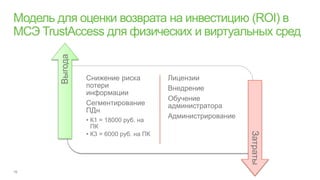 Выгода
         Снижение риска           Лицензии
         потери                   Внедрение
         информации
                                  Обучение
         Сегментирование          администратора
         ПДн
                                  Администрирование
         • К1 = 18000 руб. на
           ПК
         • К3 = 6000 руб. на ПК




                                                      Затраты
 