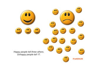 Happy people tell three others.
  Unhappy people tell 17.
 