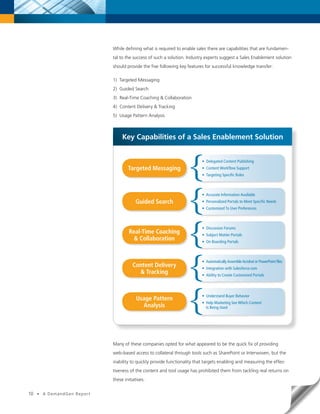While defining what is required to enable sales there are capabilities that are fundamen-
                               tal to the success of such a solution. Industry experts suggest a Sales Enablement solution
                               should provide the five following key features for successful knowledge transfer:

                               1) Targeted Messaging
                               2) Guided Search
                               3) Real-Time Coaching & Collaboration
                               4) Content Delivery & Tracking
                               5) Usage Pattern Analysis



                                    Key Capabilities of a Sales Enablement Solution


                                                                             • Delegated Content Publishing
                                       Targeted Messaging                    • Content Workflow Support
                                                                             • Targeting Specific Roles



                                                                             • Accurate Information Available
                                           Guided Search                     • Personalized Portals to Meet Specific Needs
                                                                             • Customized To User Preferences



                                                                             • Discussion Forums
                                        Real-Time Coaching                   • Subject Matter Portals
                                          & Collaboration                    • On Boarding Portals



                                                                             • Automatically Assemble Acrobat or PowerPoint files
                                          Content Delivery                   • Integration with Salesforce.com
                                            & Tracking                       • Ability to Create Customized Portals



                                                                             • Understand Buyer Behavior
                                            Usage Pattern
                                                                             • Help Marketing See Which Content
                                              Analysis                         Is Being Used




                               Many of these companies opted for what appeared to be the quick fix of providing
                               web-based access to collateral through tools such as SharePoint or Interwoven, but the
                               inability to quickly provide functionality that targets enabling and measuring the effec-
                               tiveness of the content and tool usage has prohibited them from tackling real returns on
                               these initiatives.


10   •   A DemandGen Repor t
 