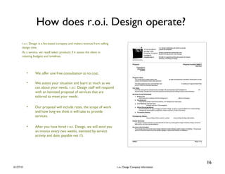 How does r.o.i. Design operate?   r.o.i. Design is a fee-based company and makes revenue from selling design time. As a service, we resell select products if it assists the client in meeting budgets and timelines. We offer one free consultation at no cost. We assess your situation and learn as much as we can about your needs. r.o.i. Design staff will respond with an itemized proposal of services that are tailored to meet your needs. Our proposal will include rates, the scope of work and how long we think it will take to provide services. After you have hired r.o.i. Design, we will send you an invoice every two weeks, itemized by service activity and date; payable net 15. 