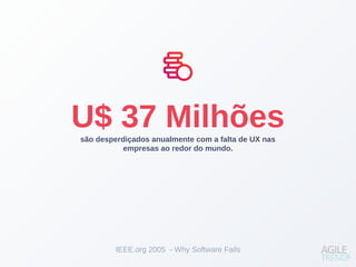 são desperdiçados anualmente com a falta de UX nas
empresas ao redor do mundo.
U$ 37 Milhões
IEEE.org 2005 - Why Software Fails
 