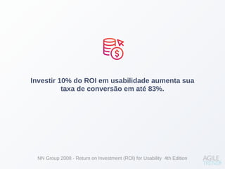 Investir 10% do ROI em usabilidade aumenta sua
taxa de conversão em até 83%.
NN Group 2008 - Return on Investment (ROI) for Usability 4th Edition
 