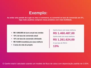 Exemplo:
Ao evitar uma parede de Login no meu e-commerce, eu aumentei as taxa de conversão em 5%,
logo mais usuários compram meus produtos com mais facilidade.
• R$ 1.000.000 de lucro anual nas vendas
• 10% de taxa de conversão atual
• 15% de taxa de conversão otimizada
• R$ 10.000 investidos pra essa melhora
• 3 anos de vida do projeto
Ganho futuro com essa melhoria:
Ganho total com essa melhoria
A sua taxa de ROI é:
R$ 1.460.487,00
R$ 1.261.624,00
13%
O Ganho total é calculado usando um modelo de fluxo de caixa com depreciação padrão de 0.05%
 
