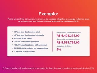 Exemplo:
Fechei um contrato com uma nova empresa de entregas e logística e consegui reduzir as taxas
de entrega, com isso diminui a taxa de abandono de carrinho em 20%.
• 60% de taxa de abandono atual
• 40% de taxa de abandono otimizada
• R$ 50 de ticket médio
• 20% de lucro médio por venda
• 100.000 visualizações de tráfego mensal
• R$ 1.000.000 investidos pra essa melhora
• 3 anos de vida do projeto
Ganho futuro com essa melhoria:
Ganho total com essa melhoria
A sua taxa de ROI é:
R$ 6.408.375,00
R$ 5.535.795,00
6%
O Ganho total é calculado usando um modelo de fluxo de caixa com depreciação padrão de 0.05%
 