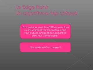 En moyenne, seuls 16 à 20% de vos « fans
» vont vraiment voir les contenus que
vous publiez sur Facebook apparaître
dans leur fil d’actualité.
Une seule solution : payez !!
 
