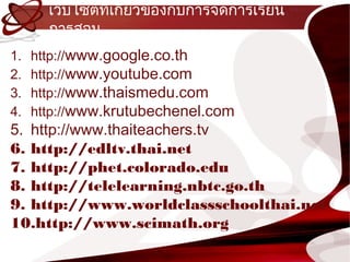 เว็บไซต์ที่เกี่ยวข้องกับกำรจัดกำรเรียน
       กำรสอน
1.   http://www.google.co.th
2.   http://www.youtube.com
3.   http://www.thaismedu.com
4.   http://www.krutubechenel.com
5. http://www.thaiteachers.tv
6. http://edltv.thai.net
7. http://phet.colorado.edu
8. http://telelearning.nbtc.go.th
9. http://www.worldclassschoolthai.net
10.http://www.scimath.org
 