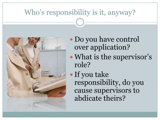 Who’s responsibility is it, anyway?


               Do you have control
                over application?
               What is the supervisor’s
                role?
               If you take
                responsibility, do you
                cause supervisors to
                abdicate theirs?
 