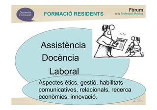 FORMACIÓ RESIDENTS




Assistència
Docència
   Laboral
Aspectes ètics, gestió, habilitats
comunicatives, relacionals, recerca
econòmics, innovació.
 
