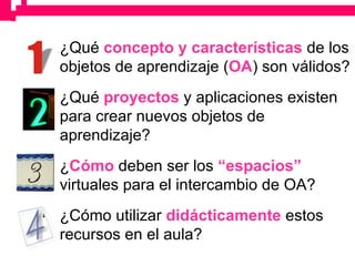 ¿Qué  concepto y características  de los objetos de aprendizaje ( OA ) son válidos? ¿Qué  proyectos  y aplicaciones existen para crear nuevos objetos de aprendizaje?  ¿ Cómo  deben ser los  “espacios”  virtuales para el intercambio de OA? ¿Cómo utilizar  didácticamente  estos recursos en el aula? 