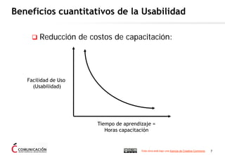 Beneficios cuantitativos de la Usabilidad

        Reducción de costos de capacitación:




   Facilidad de Uso
     (Usab...