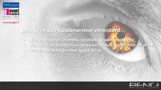 Bedrijven zijn fundamenteel veranderd…
• Van investeren in merk, relaties, groei en retentie
•

via focus op aandeelhouderswaarde, kostenreductie en winst

• Van lange termijn naar quick wins

 