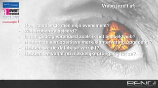 Vraag jezelf af:

•
•
•
•
•
•
•
•

Hoe waardeerde men mijn evenement?
Wat hebben ze geleerd?
Is hun gedrag veranderd zoals ik het bedoeld heb?
Hebben ze een positieve merk/klantervaring opgedaan?
Hebben we de database verrijkt?
Hebben we vanaf nu makkelijker toegang tot ze?
Hebben we fans/advocates gecreëerd?
Hebben we PR/buzz/earned media gegenereerd?

 