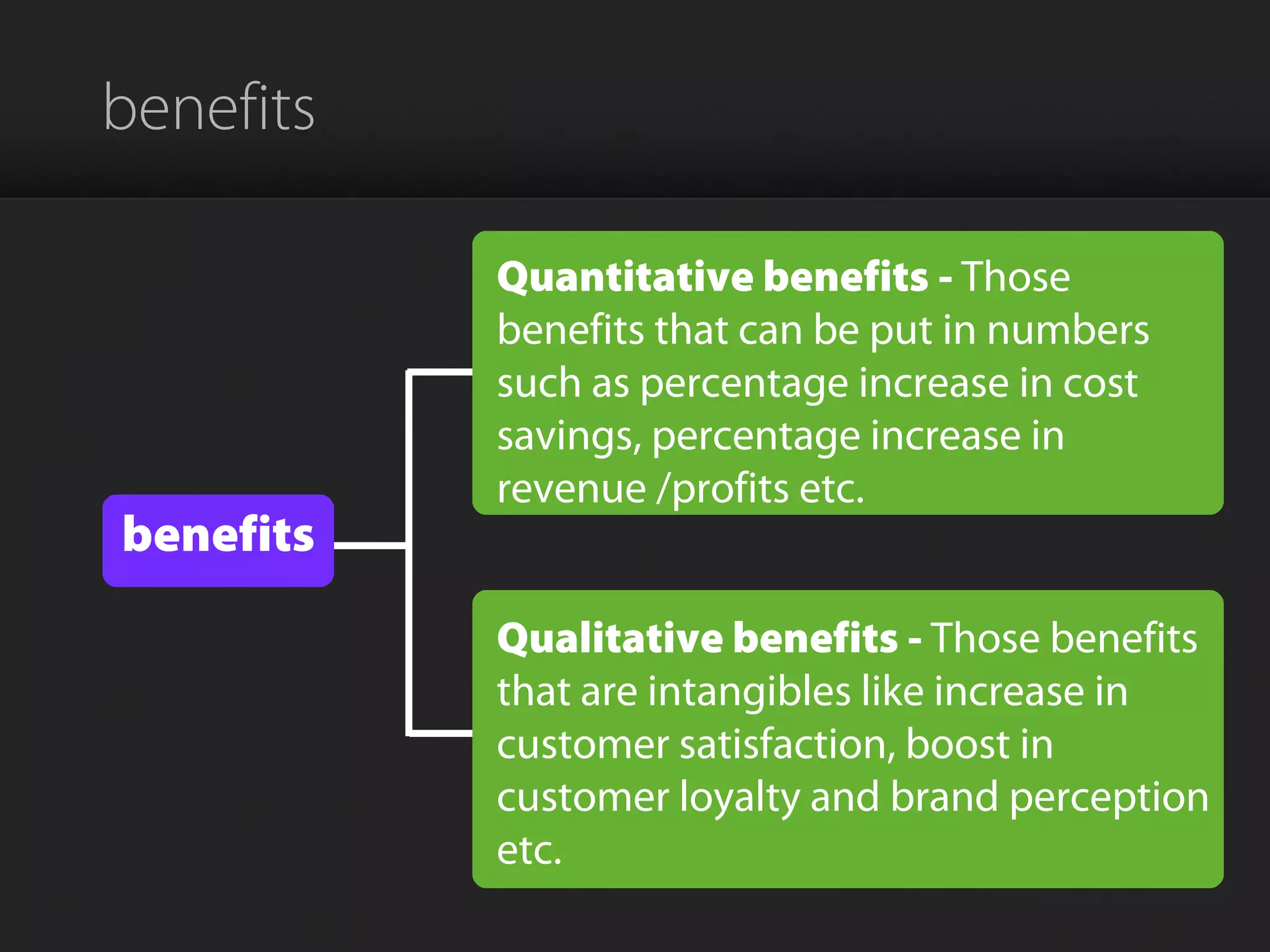 benefits
Quantitative benefits - Those
benefits that can be put in numbers
such as percentage increase in cost
savings, percentage increase in
revenue /profits etc.
Qualitative benefits - Those benefits
that are intangibles like increase in
customer satisfaction, boost in
customer loyalty and brand perception
etc.
benefits
 