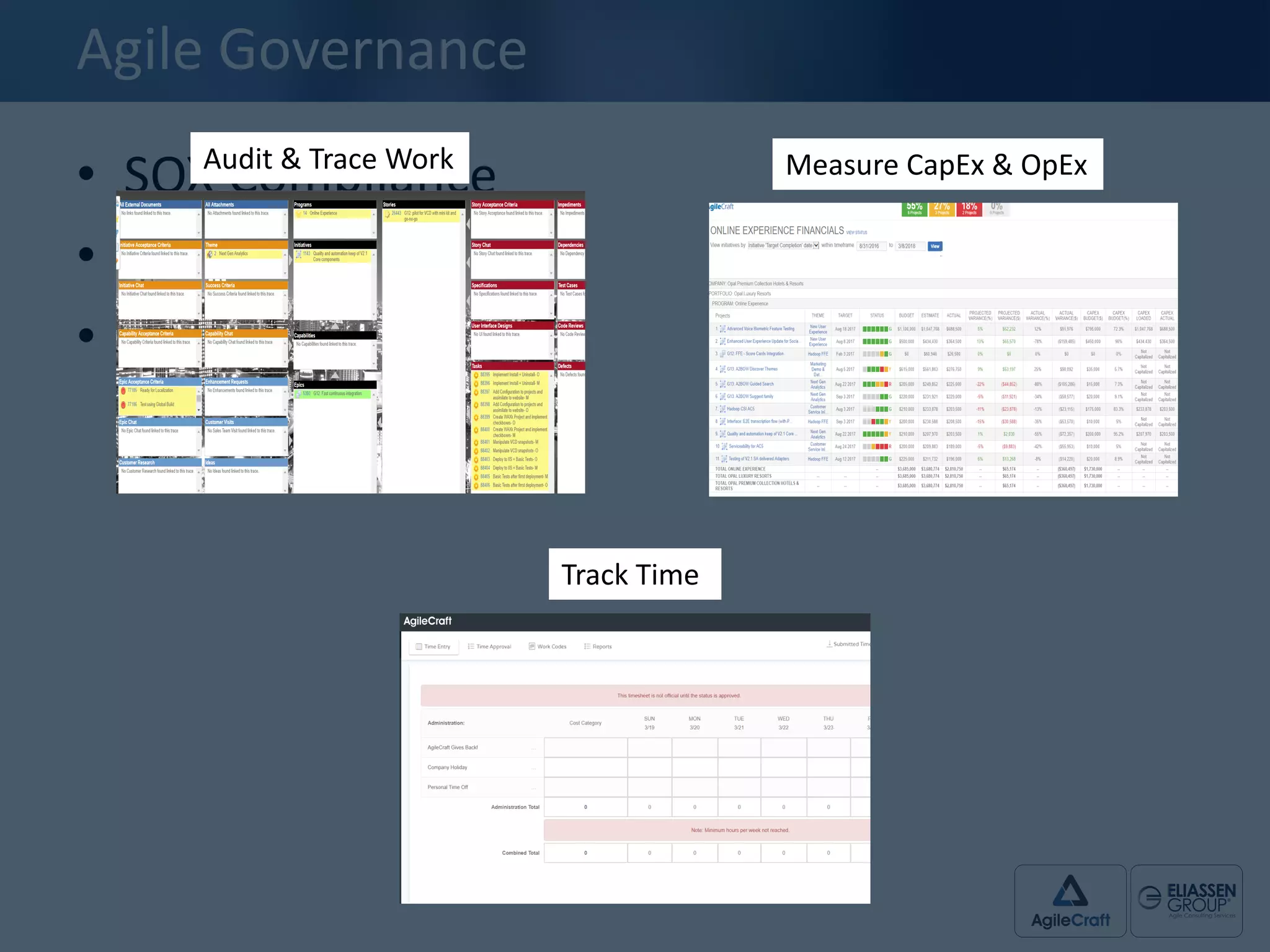 Agile	
  Governance	
  
• SOX	
  Compliance
• Traceability
• CapEx /	
  OpEx
Measure	
  CapEx &	
  OpExAudit	
  &	
  Trace	
  Work
Track	
  Time	
  
 