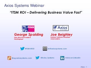 Axios Systems Webinar
Blog.axiossystems.com @Axios_Systems Axios on LinkedIn
im@axiossystems.com
George Spalding
Executive Vice President
Pink Elephant
Joe Beighley
Business Solutions Consultant
Axios Systems
“ITSM ROI – Delivering Business Value Fast”
#ITSM #ROI
Axios | 1
 