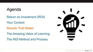 30
Agenda
Return on Investment (ROI)
Your Context
Results That Matter
The Amazing Value of Learning
The ROI Method and Process
Demonstrating the ROI of Learning
 