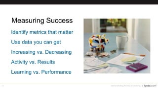 33
Measuring Success
Identify metrics that matter
Use data you can get
Increasing vs. Decreasing
Activity vs. Results
Learning vs. Performance
Demonstrating the ROI of Learning
 