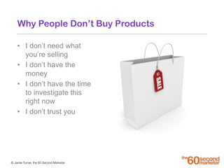 © Jamie Turner, the 60 Second Marketer
Why People Don’t Buy Products
• I don’t need what
you’re selling
• I don’t have the...