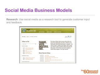 Social Media Business Models
Research: Use social media as a research tool to generate customer input
and feedback
 