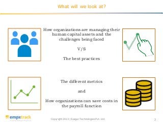 What will we look at?

How organizations are managing their
human capital assets and the
challenges being faced
V/S
The be...