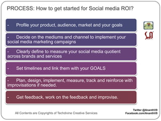PROCESS: How to get started for Social media ROI?
-

Profile your product, audience, market and your goals

Decide on the ...