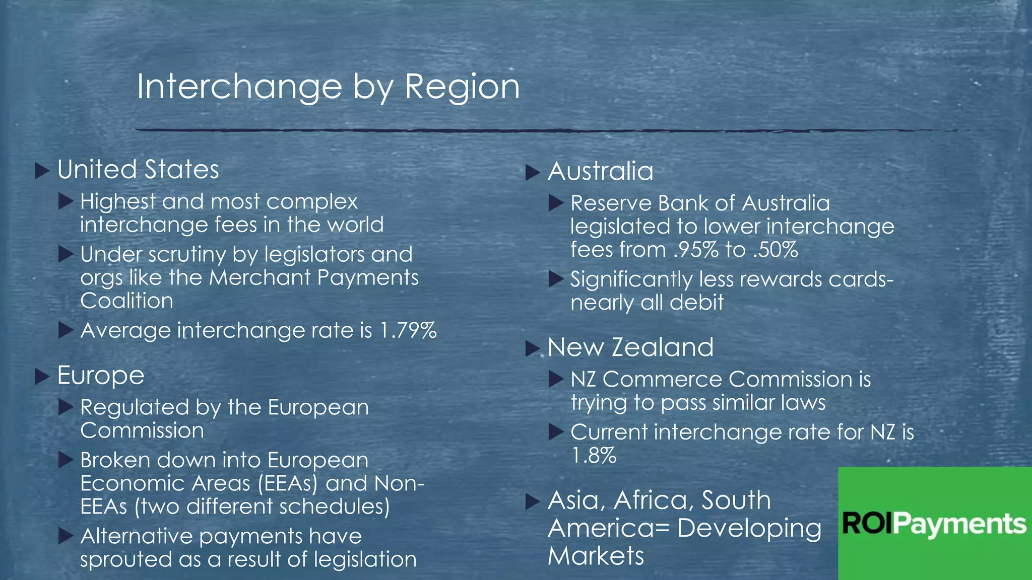  United States
 Highest and most complex
interchange fees in the world
 Under scrutiny by legislators and
orgs like the Merchant Payments
Coalition
 Average interchange rate is 1.79%
 Europe
 Regulated by the European
Commission
 Broken down into European
Economic Areas (EEAs) and Non-
EEAs (two different schedules)
 Alternative payments have
sprouted as a result of legislation
Interchange by Region
 Australia
 Reserve Bank of Australia
legislated to lower interchange
fees from .95% to .50%
 Significantly less rewards cards-
nearly all debit
 New Zealand
 NZ Commerce Commission is
trying to pass similar laws
 Current interchange rate for NZ is
1.8%
 Asia, Africa, South
America= Developing
Markets
 