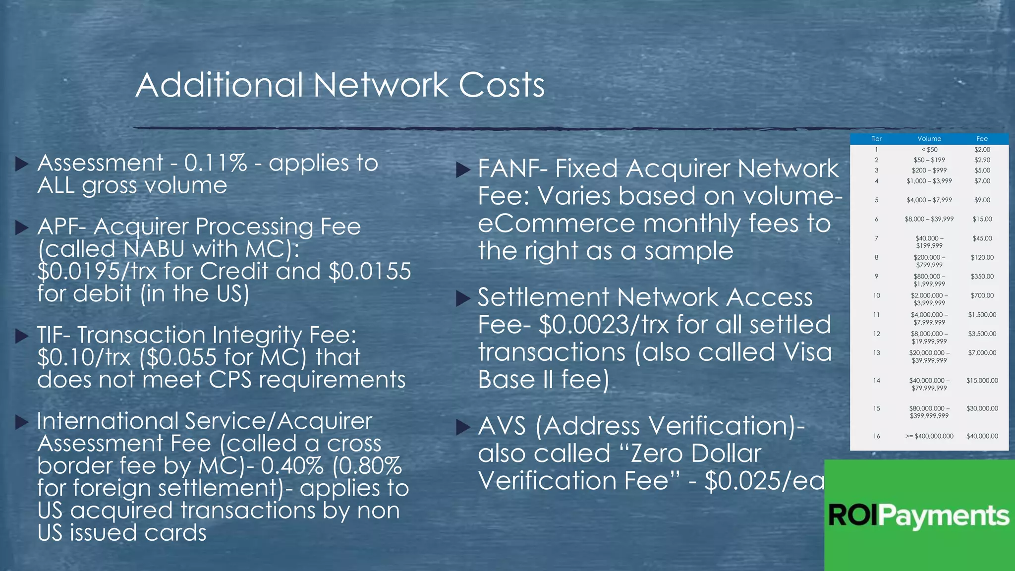  Assessment - 0.11% - applies to
ALL gross volume
 APF- Acquirer Processing Fee
(called NABU with MC):
$0.0195/trx for Credit and $0.0155
for debit (in the US)
 TIF- Transaction Integrity Fee:
$0.10/trx ($0.055 for MC) that
does not meet CPS requirements
 International Service/Acquirer
Assessment Fee (called a cross
border fee by MC)- 0.40% (0.80%
for foreign settlement)- applies to
US acquired transactions by non
US issued cards
Additional Network Costs
Tier Volume Fee
1 < $50 $2.00
2 $50 – $199 $2.90
3 $200 – $999 $5.00
4 $1,000 – $3,999 $7.00
5 $4,000 – $7,999 $9.00
6 $8,000 – $39,999 $15.00
7 $40,000 –
$199,999
$45.00
8 $200,000 –
$799,999
$120.00
9 $800,000 –
$1,999,999
$350.00
10 $2,000,000 –
$3,999,999
$700.00
11 $4,000,000 –
$7,999,999
$1,500.00
12 $8,000,000 –
$19,999,999
$3,500.00
13 $20,000,000 –
$39,999,999
$7,000.00
14 $40,000,000 –
$79,999,999
$15,000.00
15 $80,000,000 –
$399,999,999
$30,000.00
16 >= $400,000,000 $40,000.00
 FANF- Fixed Acquirer Network
Fee: Varies based on volume-
eCommerce monthly fees to
the right as a sample
 Settlement Network Access
Fee- $0.0023/trx for all settled
transactions (also called Visa
Base II fee)
 AVS (Address Verification)-
also called “Zero Dollar
Verification Fee” - $0.025/ea
 