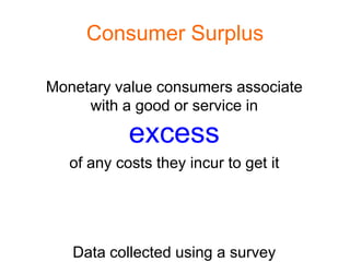 Consumer Surplus

Monetary value consumers associate
     with a good or service in

            excess
   of any costs they incur to get it




   Data collected using a survey
 