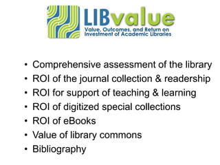 •   Comprehensive assessment of the library
•   ROI of the journal collection & readership
•   ROI for support of teaching & learning
•   ROI of digitized special collections
•   ROI of eBooks
•   Value of library commons
•   Bibliography
 