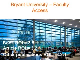 Bryant University – Faculty
            Access




Book ROI = 3.5:1
Article ROI = 3.2:1
Other publications ROI = 3.2:1
 