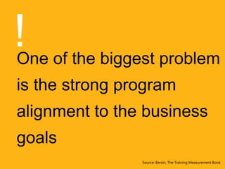 One of the biggest problem
is the strong program
alignment to the business
goals
!
Source: Bersin, The Training Measurement Book
 