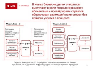 В новых бизнес-моделях операторы
                              выступают в роли посредников между
                              абонентами и провайдерами сервисов,
                              обеспечивая взаимодействие сторон без
                              прямого участия в процессе
 Модель telco 1.0                                    Модель telco 2.0

Поставщики                      Потребители              Другие
сервисов –                      сервисов –             операторы
затратная сторона               доходная сторона
деятельности                    деятельности
операторов                      операторов              Контент-
                                                      провайдеры                    Абоненты
                                                                          $
     Контент-
   провайдеры                    Абоненты             Правительство
                                                                        Операто
                      $                                                    р
     Другие         Операто
   операторы           р                                Вендоры                     Абоненты
                                                       телефонов

  Обслуживан                     Абоненты
    ие сети                                           Разработчики
                                                        сервисов


          Переход на модель telco 2.0 требует от оператора изменения как бизнес-
        процессов, так и доработки инфраструктуры, что требует времени и ресурсов        9
 