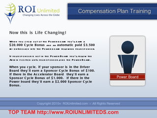 Now this is Life Changing! When you cycle out of the Power board you ’ll earn a  $20,000 Cycle Bonus  and an  automatic paid $3,500  re-enter back into the Power board following your sponsor. If your sponsor is not in the Power Board you ’ll follow the Admin position until your sponsor joins the Power Board. When you cycle, if your sponsor is in the Driver Board they ’ll earn a Sponsor Cycle Bonus of $100.  If there in the Accelerator Board  they’ll earn a Sponsor Cycle Bonus of $1,000.  If there in the Power board they’ll earn a $2,000 Sponsor Cycle Bonus.  TOP TEAM  http://www.ROIUNLIMITEDS.com 