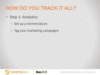 @janetdmiller | @marketingmojo | marketing-mojo.com
HOW DO YOU TRACK IT ALL?
• Step 1: Analytics
› Set up a nomenclature
› Tag your marketing campaigns
 