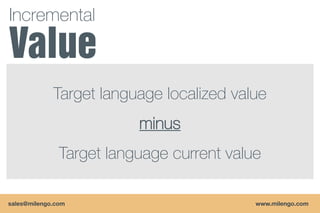Incremental



             Target language localized value
                          minus
               Target language current value

sales@milengo.com                          www.milengo.com
 