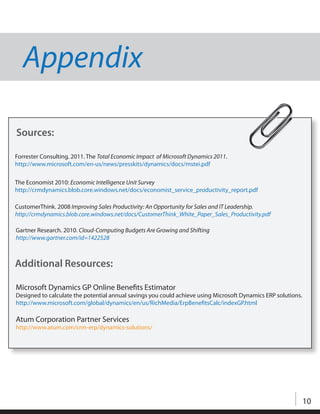 Appendix

Sources:

Forrester Consulting. 2011. The Total Economic Impact of Microsoft Dynamics 2011.
http://www.microsoft.com/en-us/news/presskits/dynamics/docs/mstei.pdf

The Economist 2010: Economic Intelligence Unit Survey
http://crmdynamics.blob.core.windows.net/docs/economist_service_productivity_report.pdf

CustomerThink. 2008 Improving Sales Productivity: An Opportunity for Sales and IT Leadership.
http://crmdynamics.blob.core.windows.net/docs/CustomerThink_White_Paper_Sales_Productivity.pdf

Gartner Research. 2010. Cloud-Computing Budgets Are Growing and Shifting
http://www.gartner.com/id=1422528



Additional Resources:

Microsoft Dynamics GP Online Benefits Estimator
Designed to calculate the potential annual savings you could achieve using Microsoft Dynamics ERP solutions.
http://www.microsoft.com/global/dynamics/en/us/RichMedia/ErpBenefitsCalc/indexGP.html

Atum Corporation Partner Services
http://www.atum.com/crm-erp/dynamics-solutions/




                                                                                                               10
 