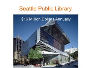 Return on Capital Investment
Valuing the physical assets of the
library, including
– Land
– Buildings
– Furniture
– Equipm...