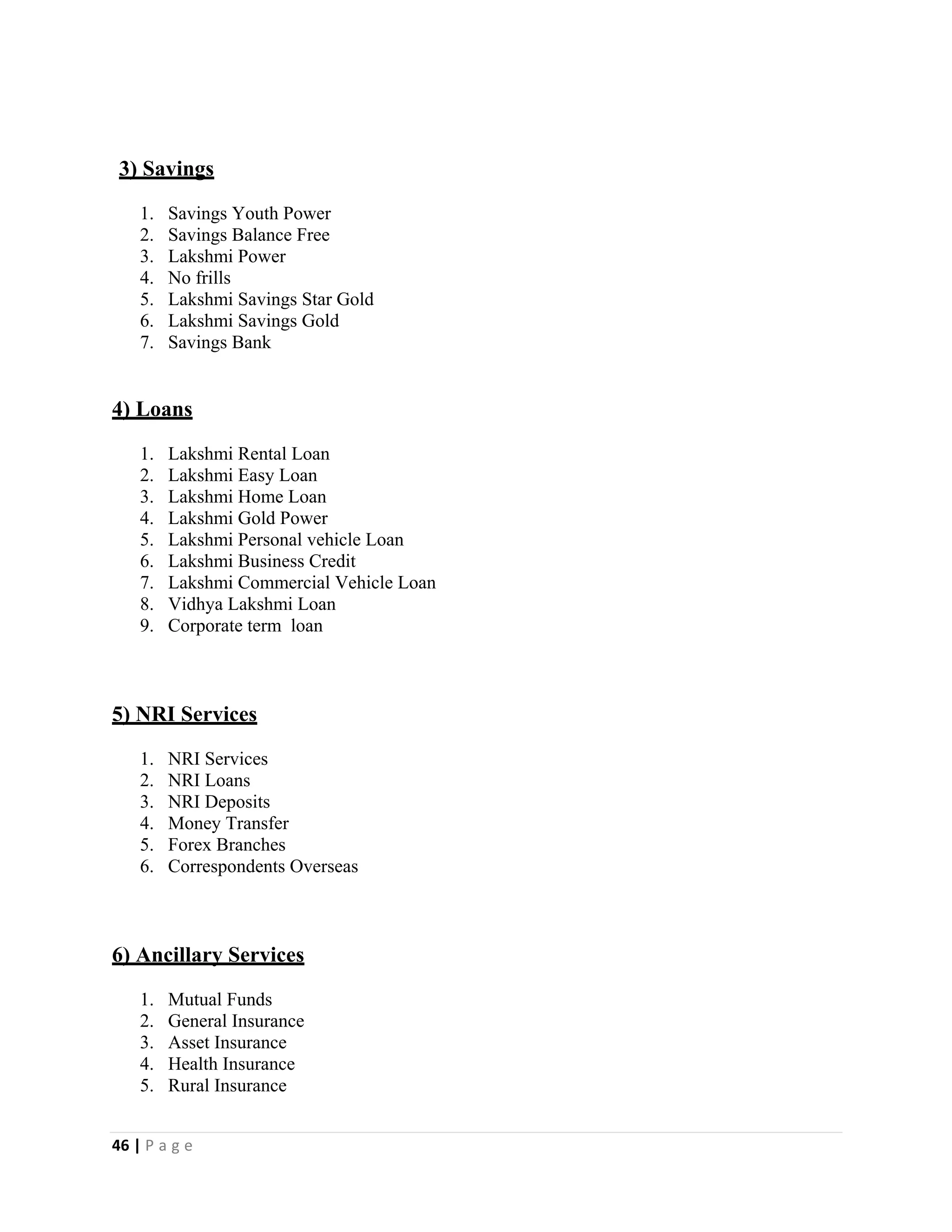 46 | P a g e
3) Savings
1. Savings Youth Power
2. Savings Balance Free
3. Lakshmi Power
4. No frills
5. Lakshmi Savings Star Gold
6. Lakshmi Savings Gold
7. Savings Bank
4) Loans
1. Lakshmi Rental Loan
2. Lakshmi Easy Loan
3. Lakshmi Home Loan
4. Lakshmi Gold Power
5. Lakshmi Personal vehicle Loan
6. Lakshmi Business Credit
7. Lakshmi Commercial Vehicle Loan
8. Vidhya Lakshmi Loan
9. Corporate term loan
5) NRI Services
1. NRI Services
2. NRI Loans
3. NRI Deposits
4. Money Transfer
5. Forex Branches
6. Correspondents Overseas
6) Ancillary Services
1. Mutual Funds
2. General Insurance
3. Asset Insurance
4. Health Insurance
5. Rural Insurance
 