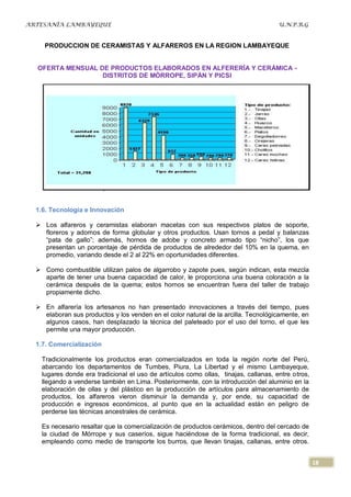 ARTESANÍA LAMBAYEQUE                                                                  U.N.P.R.G


     PRODUCCION DE CERAMISTAS Y ALFAREROS EN LA REGION LAMBAYEQUE


  OFERTA MENSUAL DE PRODUCTOS ELABORADOS EN ALFERERÍA Y CERÁMICA -
                  DISTRITOS DE MÓRROPE, SIPÁN Y PICSI




         Fuente: CITE Sipán


  1.6. Tecnología e Innovación

   Los alfareros y ceramistas elaboran macetas con sus respectivos platos de soporte,
    floreros y adornos de forma globular y otros productos. Usan tornos a pedal y balanzas
    “pata de gallo”; además, hornos de adobe y concreto armado tipo “nicho”, los que
    presentan un porcentaje de pérdida de productos de alrededor del 10% en la quema, en
    promedio, variando desde el 2 al 22% en oportunidades diferentes.

   Como combustible utilizan palos de algarrobo y zapote pues, según indican, esta mezcla
    aparte de tener una buena capacidad de calor, le proporciona una buena coloración a la
    cerámica después de la quema; estos hornos se encuentran fuera del taller de trabajo
    propiamente dicho.

   En alfarería los artesanos no han presentado innovaciones a través del tiempo, pues
    elaboran sus productos y los venden en el color natural de la arcilla. Tecnológicamente, en
    algunos casos, han desplazado la técnica del paleteado por el uso del torno, el que les
    permite una mayor producción.

  1.7. Comercialización

    Tradicionalmente los productos eran comercializados en toda la región norte del Perú,
    abarcando los departamentos de Tumbes, Piura, La Libertad y el mismo Lambayeque,
    lugares donde era tradicional el uso de artículos como ollas, tinajas, callanas, entre otros,
    llegando a venderse también en Lima. Posteriormente, con la introducción del aluminio en la
    elaboración de ollas y del plástico en la producción de artículos para almacenamiento de
    productos, los alfareros vieron disminuir la demanda y, por ende, su capacidad de
    producción e ingresos económicos, al punto que en la actualidad están en peligro de
    perderse las técnicas ancestrales de cerámica.

    Es necesario resaltar que la comercialización de productos cerámicos, dentro del cercado de
    la ciudad de Mórrope y sus caseríos, sigue haciéndose de la forma tradicional, es decir,
    empleando como medio de transporte los burros, que llevan tinajas, callanas, entre otros.


                                                                                                    18
 