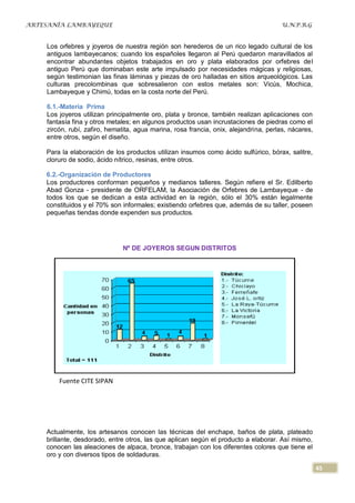 ARTESANÍA LAMBAYEQUE                                                                   U.N.P.R.G


    Los orfebres y joyeros de nuestra región son herederos de un rico legado cultural de los
    antiguos lambayecanos; cuando los españoles llegaron al Perú quedaron maravillados al
    encontrar abundantes objetos trabajados en oro y plata elaborados por orfebres del
    antiguo Perú que dominaban este arte impulsado por necesidades mágicas y religiosas,
    según testimonian las finas láminas y piezas de oro halladas en sitios arqueológicos. Las
    culturas precolombinas que sobresalieron con estos metales son: Vicús, Mochica,
    Lambayeque y Chimú, todas en la costa norte del Perú.

    6.1.-Materia Prima
    Los joyeros utilizan principalmente oro, plata y bronce, también realizan aplicaciones con
    fantasía fina y otros metales; en algunos productos usan incrustaciones de piedras como el
    zircón, rubí, zafiro, hematita, agua marina, rosa francia, onix, alejandrina, perlas, nácares,
    entre otros, según el diseño.

    Para la elaboración de los productos utilizan insumos como ácido sulfúrico, bórax, salitre,
    cloruro de sodio, ácido nítrico, resinas, entre otros.

    6.2.-Organización de Productores
    Los productores conforman pequeños y medianos talleres. Según refiere el Sr. Edilberto
    Abad Gonza - presidente de ORFELAM, la Asociación de Orfebres de Lambayeque - de
    todos los que se dedican a esta actividad en la región, sólo el 30% están legalmente
    constituidos y el 70% son informales; existiendo orfebres que, además de su taller, poseen
    pequeñas tiendas donde expenden sus productos.




                              Nº DE JOYEROS SEGUN DISTRITOS




        Fuente CITE SIPAN




    Actualmente, los artesanos conocen las técnicas del enchape, baños de plata, plateado
    brillante, desdorado, entre otros, las que aplican según el producto a elaborar. Así mismo,
    conocen las aleaciones de alpaca, bronce, trabajan con los diferentes colores que tiene el
    oro y con diversos tipos de soldaduras.

                                                                                                     45
 