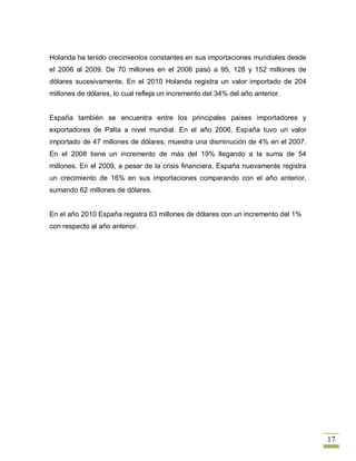 Holanda ha tenido crecimientos constantes en sus importaciones mundiales desde
el 2006 al 2009. De 70 millones en el 2006 pasó a 95, 128 y 152 millones de
dólares sucesivamente. En el 2010 Holanda registra un valor importado de 204
millones de dólares, lo cual refleja un incremento del 34% del año anterior.


España también se encuentra entre los principales países importadores y
exportadores de Palta a nivel mundial. En el año 2006, España tuvo un valor
importado de 47 millones de dólares, muestra una disminución de 4% en el 2007.
En el 2008 tiene un incremento de más del 19% llegando a la suma de 54
millones. En el 2009, a pesar de la crisis financiera, España nuevamente registra
un crecimiento de 16% en sus importaciones comparando con el año anterior,
sumando 62 millones de dólares.


En el año 2010 España registra 63 millones de dólares con un incremento del 1%
con respecto al año anterior.




                                                                                    17
 