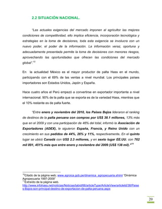 2.2 SITUACIÓN NACIONAL.


       “Las actuales exigencias del mercado imponen al agricultor las mejores
condiciones de competitividad, ello implica eficiencia, incorporación tecnológica y
estrategias en la toma de decisiones, toda esta exigencia se involucra con un
nuevo poder, el poder de la información. La información veraz, oportuna y
adecuadamente presentada permite la toma de decisiones con menores riesgos,
aprovechando las oportunidades que ofrecen las condiciones del mercado
global”.10

En   la actualidad México es el mayor productor de palta Hass en el mundo,
participando con el 69% de las ventas a nivel mundial. Los principales países
importadores son Estados Unidos, Japón y España.

Hace cuatro años el Perú empezó a convertirse en exportador importante a nivel
internacional. 90% de la palta que se exporta es de la variedad Hass, mientras que
el 10% restante es de palta fuerte.

       “Entre enero y noviembre del 2010, los Países Bajos lideraron el ranking
de destinos de la palta peruana con compras por US$ 38.1 millones, 13% más
que en el 2009 y con una participación de 46% del total, informó la Asociación de
Exportadores (ADEX), le siguieron España, Francia, y Reino Unido con un
crecimiento en sus pedidos de 44%, 26% y 11%, respectivamente. En el quinto
lugar se ubicó Canadá con US$ 2.3 millones, y en sexto lugar EE.UU. con 762
mil 891, 451% más que entre enero y noviembre del 2009 (US$ 138 mil)." 11




10
  Citado de la página web; www.agroica.gob.pe/dinamica_agropecuaria.shtml “Dinámica
Agropecuaria 1997-2009”
11
  Extraído de la página web.
http://www.infohass.net/noticias/Noticias/tabid/66/articleType/ArticleView/articleId/38/Paise
s-Bajos-son-principal-destino-de-exportacion-de-palta-peruana.aspx


                                                                                                20
 