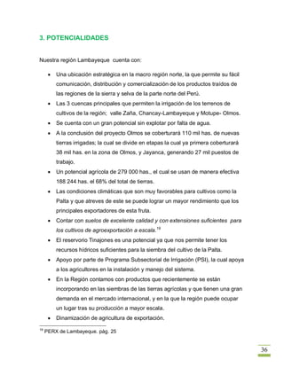 3. POTENCIALIDADES


Nuestra región Lambayeque cuenta con:

         Una ubicación estratégica en la macro región norte, la que permite su fácil
         comunicación, distribución y comercialización de los productos traídos de
         las regiones de la sierra y selva de la parte norte del Perú.
         Las 3 cuencas principales que permiten la irrigación de los terrenos de
         cultivos de la región; valle Zaña, Chancay-Lambayeque y Motupe- Olmos.
         Se cuenta con un gran potencial sin explotar por falta de agua.
         A la conclusión del proyecto Olmos se coberturará 110 mil has. de nuevas
         tierras irrigadas; la cual se divide en etapas la cual ya primera coberturará
         38 mil has. en la zona de Olmos, y Jayanca, generando 27 mil puestos de
         trabajo.
         Un potencial agrícola de 279 000 has., el cual se usan de manera efectiva
         188 244 has. el 68% del total de tierras.
         Las condiciones climáticas que son muy favorables para cultivos como la
         Palta y que atreves de este se puede lograr un mayor rendimiento que los
         principales exportadores de esta fruta.
         Contar con suelos de excelente calidad y con extensiones suficientes para
         los cultivos de agroexportación a escala.19
         El reservorio Tinajones es una potencial ya que nos permite tener los
         recursos hídricos suficientes para la siembra del cultivo de la Palta.
         Apoyo por parte de Programa Subsectorial de Irrigación (PSI), la cual apoya
         a los agricultores en la instalación y manejo del sistema.
         En la Región contamos con productos que recientemente se están
         incorporando en las siembras de las tierras agrícolas y que tienen una gran
         demanda en el mercado internacional, y en la que la región puede ocupar
         un lugar tras su producción a mayor escala.
         Dinamización de agricultura de exportación.
19
     PERX de Lambayeque. pág. 25


                                                                                         36
 