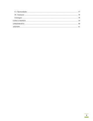 C) Oportunidades .................................................................................................................... 37
   D) Amenazas .......................................................................................................................... 38
   Estrategias ............................................................................................................................... 38
CONCLUSIONES ....................................................................................................................... 39
LINKOGRAFIA .......................................................................................................................... 40
ANEXOS..................................................................................................................................... 41




                                                                                                                                                    4
 