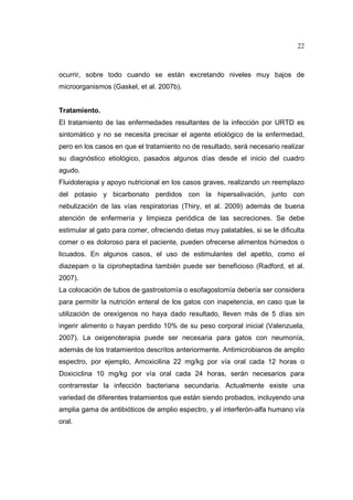 22 
ocurrir, sobre todo cuando se están excretando niveles muy bajos de 
microorganismos (Gaskel, et al. 2007b). 
Tratamiento. 
El tratamiento de las enfermedades resultantes de la infección por URTD es 
sintomático y no se necesita precisar el agente etiológico de la enfermedad, 
pero en los casos en que el tratamiento no de resultado, será necesario realizar 
su diagnóstico etiológico, pasados algunos días desde el inicio del cuadro 
agudo. 
Fluidoterapia y apoyo nutricional en los casos graves, realizando un reemplazo 
del potasio y bicarbonato perdidos con la hipersalivación, junto con 
nebulización de las vías respiratorias (Thiry, et al. 2009) además de buena 
atención de enfermería y limpieza periódica de las secreciones. Se debe 
estimular al gato para comer, ofreciendo dietas muy palatables, si se le dificulta 
comer o es doloroso para el paciente, pueden ofrecerse alimentos húmedos o 
licuados. En algunos casos, el uso de estimulantes del apetito, como el 
diazepam o la ciproheptadina también puede ser beneficioso (Radford, et al. 
2007). 
La colocación de tubos de gastrostomía o esofagostomía debería ser considera 
para permitir la nutrición enteral de los gatos con inapetencia, en caso que la 
utilización de orexígenos no haya dado resultado, lleven más de 5 días sin 
ingerir alimento o hayan perdido 10% de su peso corporal inicial (Valenzuela, 
2007). La oxigenoterapia puede ser necesaria para gatos con neumonía, 
además de los tratamientos descritos anteriormente. Antimicrobianos de amplio 
espectro, por ejemplo, Amoxicilina 22 mg/kg por vía oral cada 12 horas o 
Doxiciclina 10 mg/kg por vía oral cada 24 horas, serán necesarios para 
contrarrestar la infección bacteriana secundaria. Actualmente existe una 
variedad de diferentes tratamientos que están siendo probados, incluyendo una 
amplia gama de antibióticos de amplio espectro, y el interferón-alfa humano vía 
oral. 
 