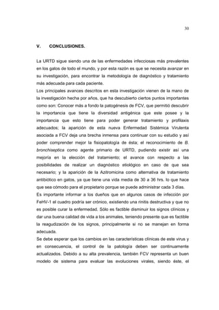 30 
V. CONCLUSIONES. 
La URTD sigue siendo una de las enfermedades infecciosas más prevalentes 
en los gatos de todo el mundo, y por esta razón es que se necesita avanzar en 
su investigación, para encontrar la metodología de diagnóstico y tratamiento 
más adecuada para cada paciente. 
Los principales avances descritos en esta investigación vienen de la mano de 
la investigación hecha por años, que ha descubierto ciertos puntos importantes 
como son: Conocer más a fondo la patogénesis de FCV, que permitió descubrir 
la importancia que tiene la diversidad antigénica que este posee y la 
importancia que esto tiene para poder generar tratamiento y profilaxis 
adecuados; la aparición de esta nueva Enfermedad Sistémica Virulenta 
asociada a FCV deja una brecha inmensa para continuar con su estudio y así 
poder comprender mejor la fisiopatología de ésta; el reconocimiento de B. 
bronchiseptica como agente primario de URTD, pudiendo existir así una 
mejoría en la elección del tratamiento; el avance con respecto a las 
posibilidades de realizar un diagnóstico etiológico en caso de que sea 
necesario; y la aparición de la Azitromicina como alternativa de tratamiento 
antibiótico en gatos, ya que tiene una vida media de 30 a 36 hrs. lo que hace 
que sea cómodo para el propietario porque se puede administrar cada 3 días. 
Es importante informar a los dueños que en algunos casos de infección por 
FeHV-1 el cuadro podría ser crónico, existiendo una rinitis destructiva y que no 
es posible curar la enfermedad. Sólo es factible disminuir los signos clínicos y 
dar una buena calidad de vida a los animales, teniendo presente que es factible 
la reagudización de los signos, principalmente si no se manejan en forma 
adecuada. 
Se debe esperar que los cambios en las características clínicas de este virus y 
en consecuencia, el control de la patología deben ser continuamente 
actualizados. Debido a su alta prevalencia, también FCV representa un buen 
modelo de sistema para evaluar las evoluciones virales, siendo éste, el 
 