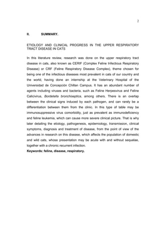 2 
II. SUMMARY. 
ETIOLOGY AND CLINICAL PROGRESS IN THE UPPER RESPIRATORY 
TRACT DISEASE IN CATS 
In this literature review, research was done on the upper respiratory tract 
disease in cats, also known as CERIF (Complex Feline Infectious Respiratory 
Disease) or CRF (Feline Respiratory Disease Complex), theme chosen for 
being one of the infectious diseases most prevalent in cats of our country and 
the world, having done an internship at the Veterinary Hospital of the 
Universidad de Concepción Chillan Campus. It has an abundant number of 
agents including viruses and bacteria, such as Feline Herpesvirus and Feline 
Calicivirus, Bordetella bronchiseptica, among others. There is an overlap 
between the clinical signs induced by each pathogen, and can rarely be a 
differentiation between them from the clinic. In this type of table may be 
immunosuppressive virus comorbidity, just as prevalent as immunodeficiency 
and feline leukemia, which can cause more severe clinical picture. That is why 
later detailing the etiology, pathogenesis, epidemiology, transmission, clinical 
symptoms, diagnosis and treatment of disease, from the point of view of the 
advances in research on this disease, which affects the population of domestic 
and wild cats, whose presentation may be acute with and without sequelae, 
together with a chronic recurrent infection. 
Keywords: feline, disease, respiratory. 
 