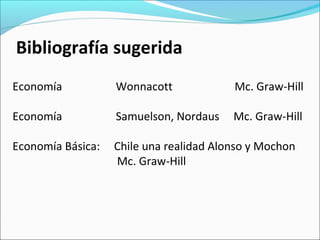 Bibliografía sugerida 
Economía Wonnacott Mc. Graw-Hill 
Economía Samuelson, Nordaus Mc. Graw-Hill 
Economía Básica: Chile una realidad Alonso y Mochon 
Mc. Graw-Hill 
