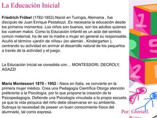 Por: Gloria J.
La Educación Inicial
Friedrich Fröbel (1782-1852).Nació en Turingia, Alemania , fue
discípulo de Juan Enrique Pestalozzi .Es necesaria la educación desde
los primeros momentos. Los niños son buenos, son los adultos quienes
los vuelven malos. Como la Educación Infantil es un acto del sentido
común maternal, ha de ser la madre o mujer en general su responsable.
Acuñó el término «jardín de niños» (en alemán , Kindergarten ),
centrando su actividad en animar el desarrollo natural de los pequeños
a través de la actividad y el juego.
La Educación Inicial se consolida con… MONTESSORI, DECROLY,
AGAZZI
María Montessori 1870 - 1952 : Nace en Italia, se convierte en la
primera mujer médico. Crea una Pedagogía Científica Otorga atención
preferente a la Psicología, por lo que propone la creación de la
Psicopedagogía. Defiende una Psicología vinculada a la propia escuela,
ya que la vida psíquica del niño debe observarse en su ambiente.
Subraya la necesidad de poseer un buen conocimiento físico del
alumnado, tal como expresa.
 